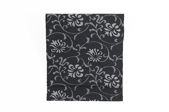 本場結城紬 正絹 八寸名古屋帯 真綿手紬糸 唐草 黒×濃灰色