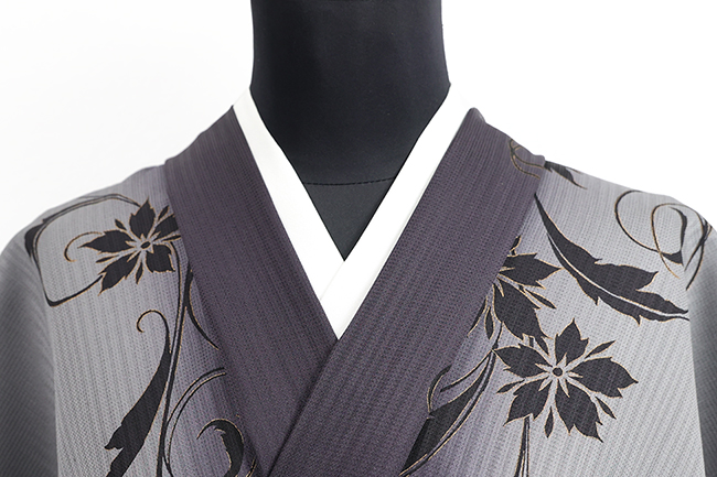 正絹 着物 小紋 丹後ちりめん 花蔦模様 ぼかし染 灰色×黒