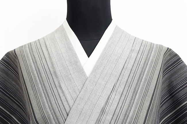 伊勢木綿 木綿着物 縞 灰色×黒 ◆背の高い人にオススメ◆