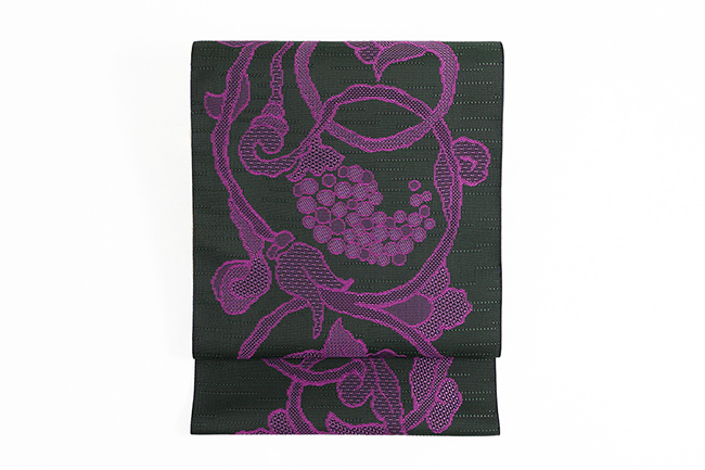 正絹 八寸名古屋帯 トリエ 葡萄 黒×紫