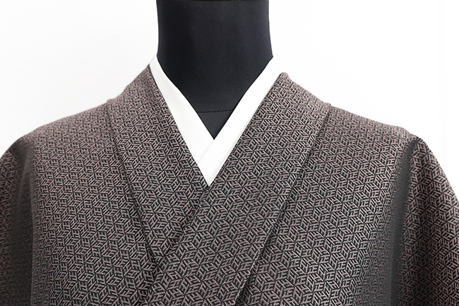 ワタマサ 洗える正絹 【お召し】 アラ・エル 広幅 正六角 黒×茶