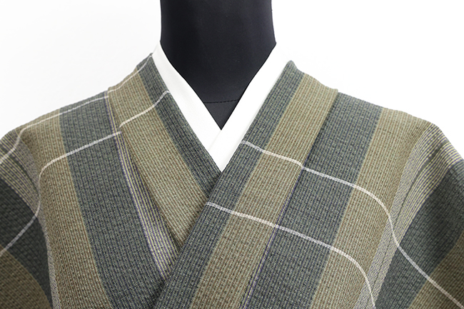 あづまや×ハイムラヤオリジナル 阿波しじら織 コットンウールきもの 軽くて暖かい チェック カーキ