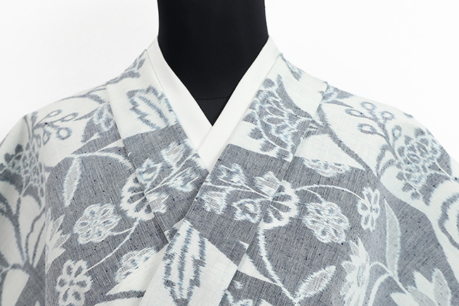 久留米絣 木綿着物 普段着きもの 更紗 灰色×白