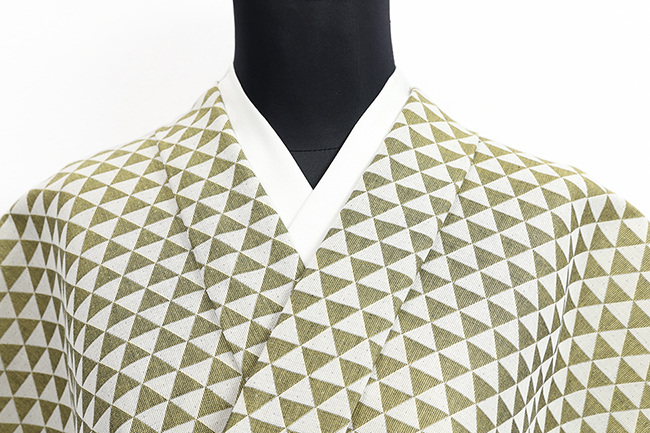 木綿着物 季織苑工房 米織小紋 鱗文 生成り×緑