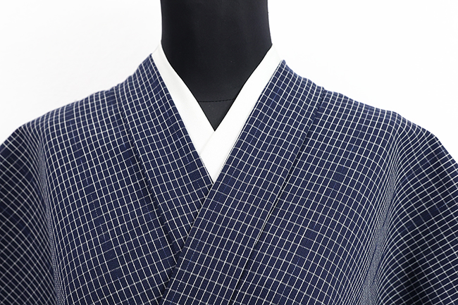 木綿着物 保多織 チェック 紺