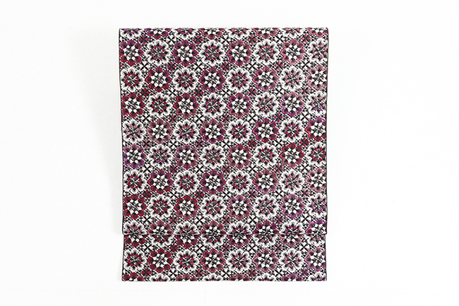 正絹 八寸名古屋帯 博多織 大倉織物 誠之輔 琥珀織 モザイク 赤紫×黒