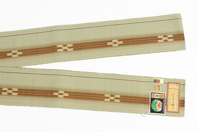 沖縄 伝統的工芸品 八重山ミンサー 木綿 角帯 薄緑×茶