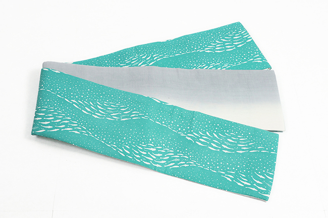 綿麻 半幅帯 59kimono 石塚染工 魚のトルネード 青緑×灰色