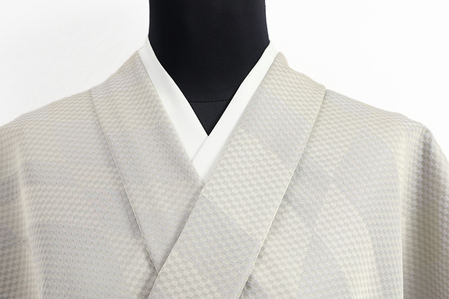 ワタマサ 洗える正絹 【お召し】 市松幾何柄 ベージュ×灰色