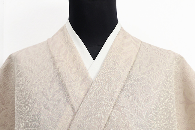 ワタマサ 洗える正絹 【お召し】草花と鳥 ベージュ×薄紫