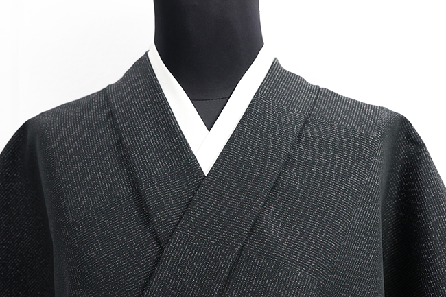 ワタマサ 洗える正絹 【お召し】 広幅 ブロックパターン 黒×濃灰色