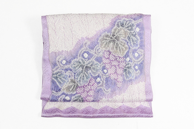 正絹 九寸名古屋帯 藤娘きぬたや オーダー仕立て付き 絞り染め 葡萄 紫×白