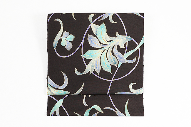 召しませ花 正絹 九寸名古屋帯 花 黒×青緑×紫