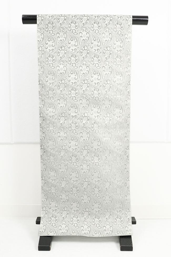 丹後 ワタマサ ひとえ八寸帯（兵児帯） 波模様に亀甲 白×プラチナ