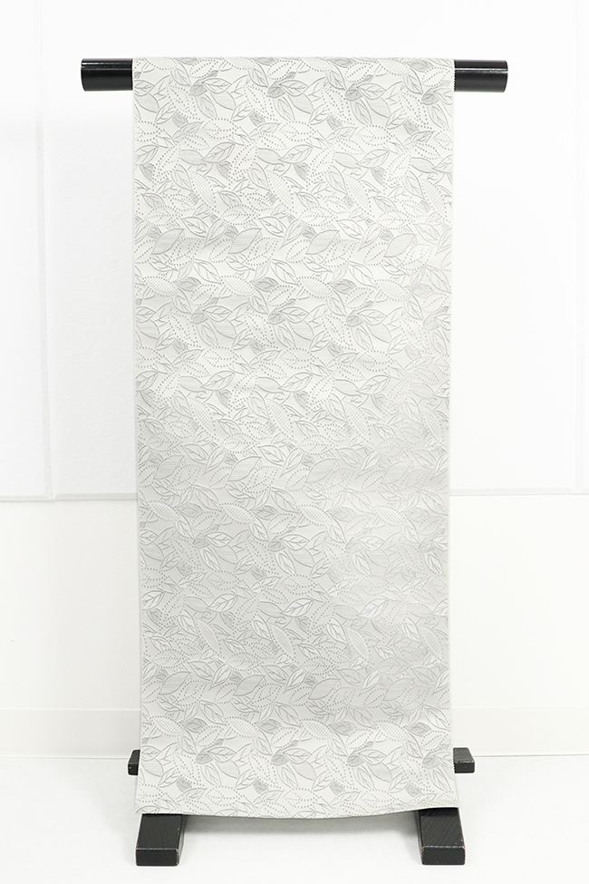 丹後 ワタマサ ひとえ八寸帯（兵児帯） 木の葉詰 白×プラチナ