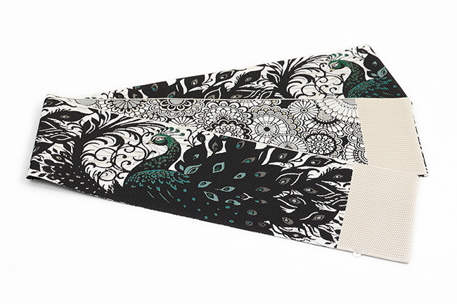 博多織 正絹 半幅帯 リバーシブル 孔雀 レース花 黒×白×青緑