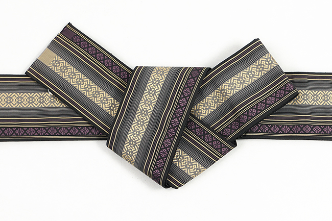 博多織 正絹 角帯 縞 黒×ベージュ×紫