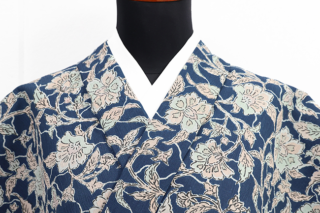 片貝木綿 木綿着物 紺仁工房 普段着きもの 木綿ちぢみ 更紗 青