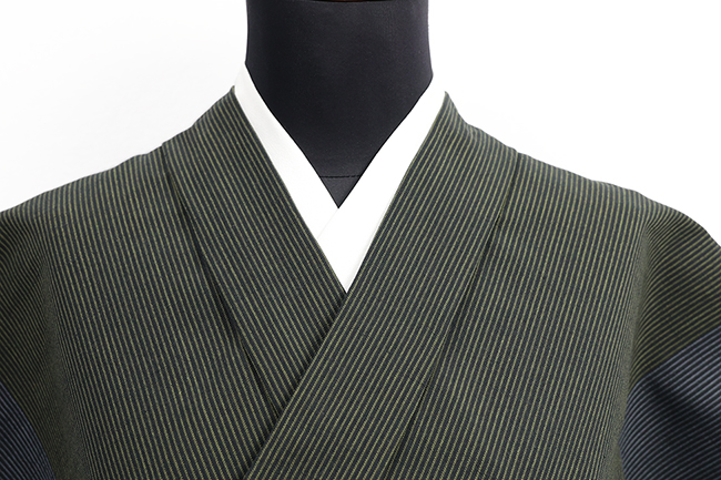 片貝木綿 木綿着物 紺仁工房 普段着きもの 縞 深緑×紺