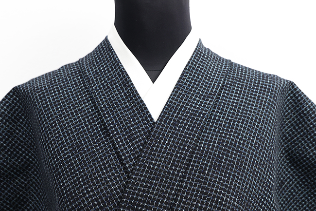 久留米絣 木綿着物 普段着きもの 文人格子 紺（やや緑みの紺色）