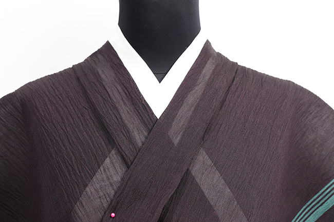 本麻 夏着物 小千谷ちぢみ 楊柳 広幅 縞 黒×緑