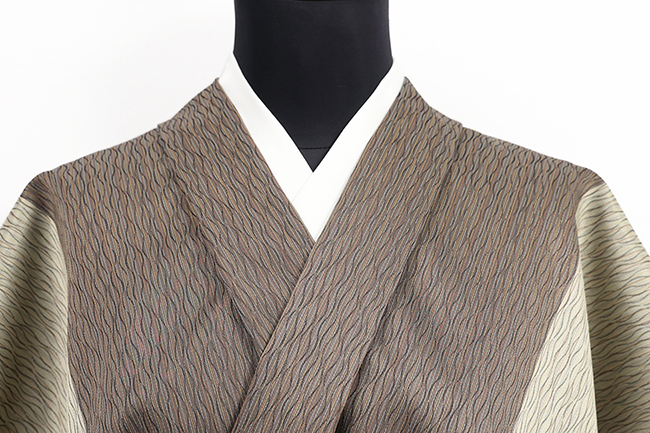 正絹 西陣 お召 広幅 よろけ縞 ベージュ×焦茶