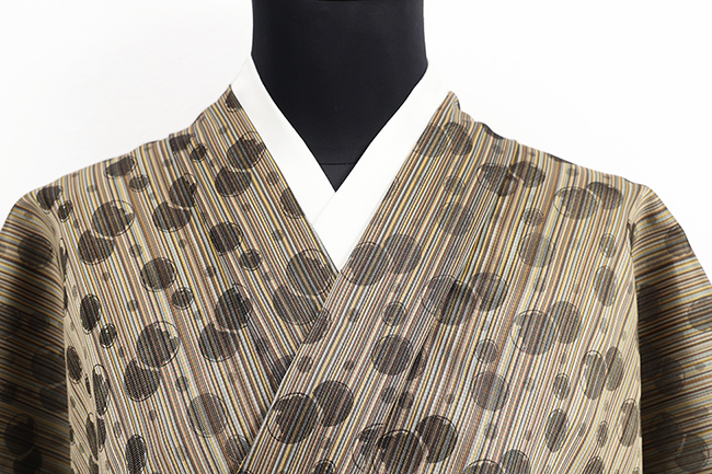 正絹 西陣 お召 広幅 縞 水玉 ベージュ×茶