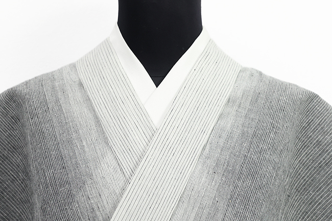 綿麻 夏着物 近江ちぢみ 楊柳 縞 灰色×白