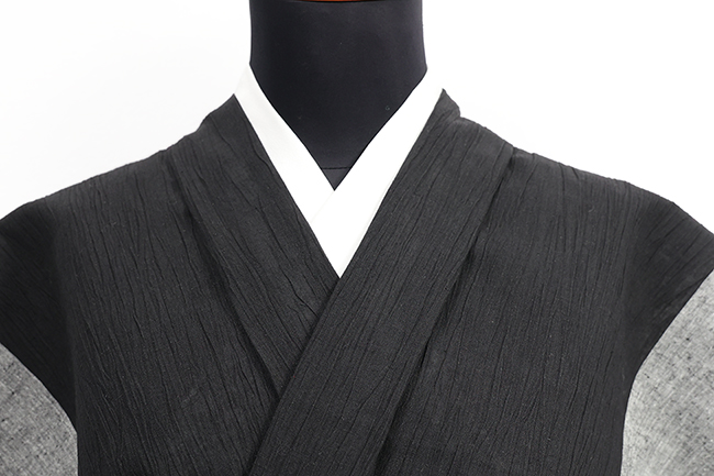 綿麻 夏着物 近江ちぢみ 楊柳 二色切り替え 黒×灰色