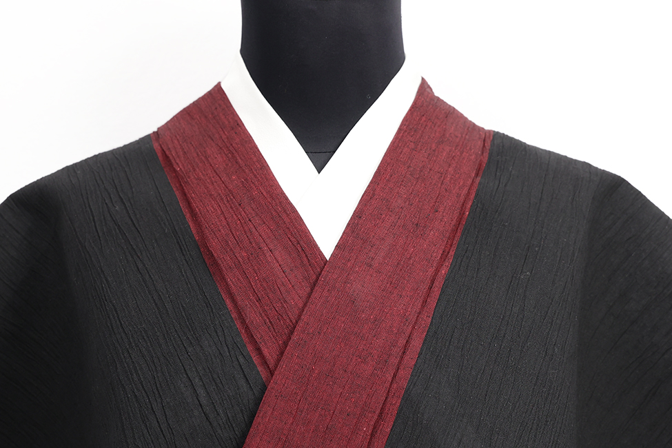 綿麻 夏着物 近江ちぢみ 楊柳 二色切り替え 黒×赤