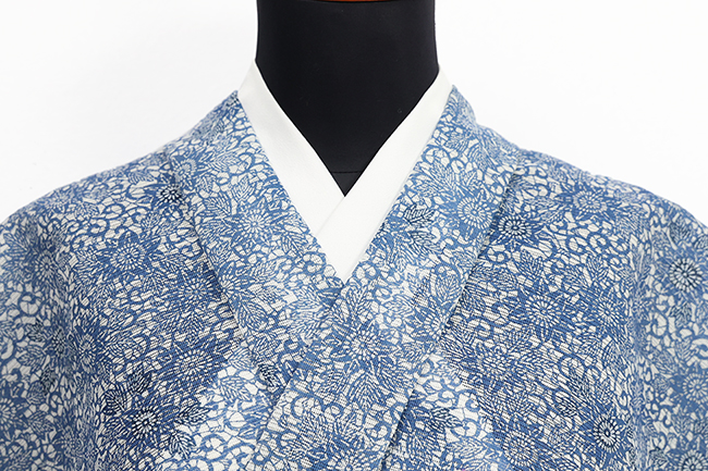 綿麻着物 江戸長板 綿麻乱絽豆引染 夏着物 鉄線 青