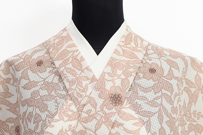 木綿着物 江戸長板 綿紅梅豆引染 夏着物 草花更紗 ピンク