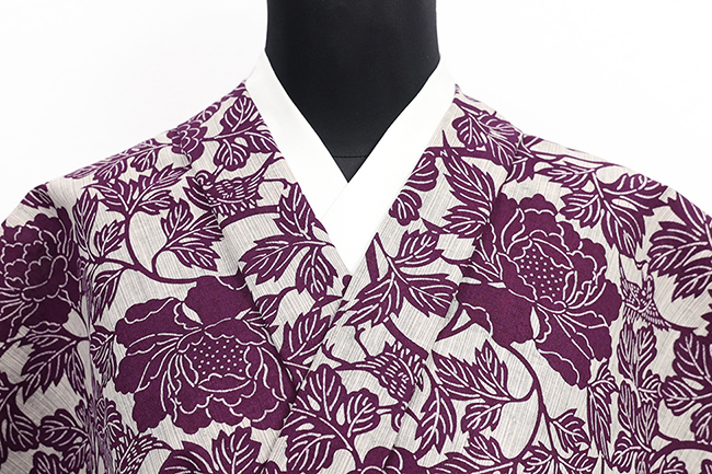 木綿着物 江戸長板 綿紬豆引染 夏着物 菊牡丹鳥 紫