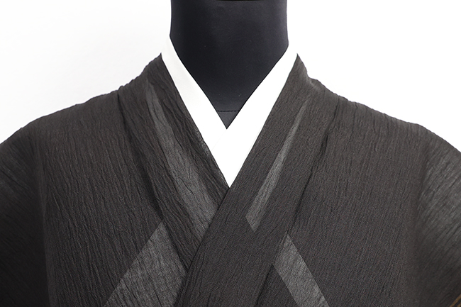 本麻 夏着物 小千谷ちぢみ 楊柳 広幅 縞 黒×茶色