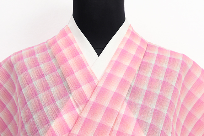 本麻 夏着物 小千谷ちぢみ 楊柳 広幅 チェック ピンク