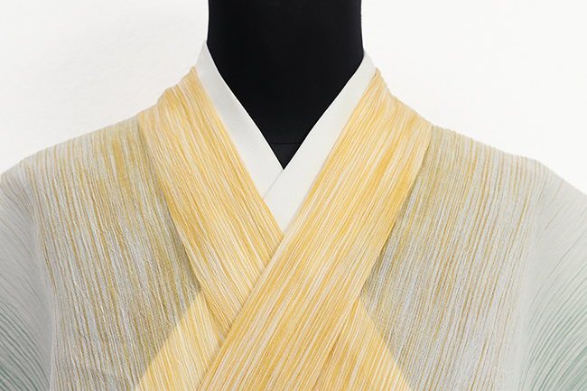 本麻 夏着物 小千谷ちぢみ 楊柳 広幅 色わけ縞 白×からし×緑