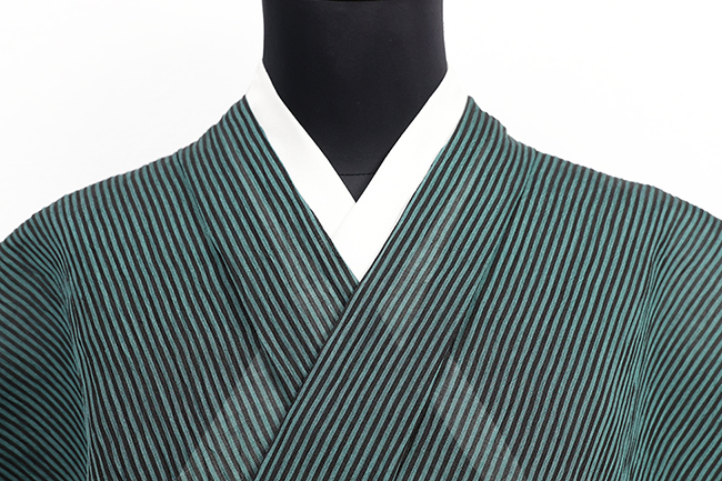 小千谷ちぢみ 本麻 夏着物 楊柳 広幅 縞 深緑×黒