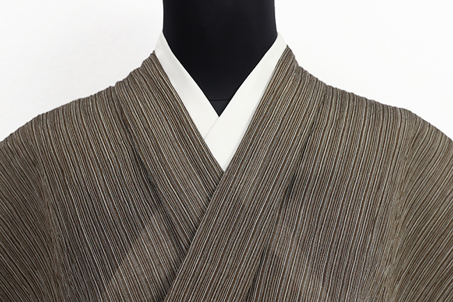 本麻 夏着物 小千谷ちぢみ 楊柳 広幅 縞 カーキ