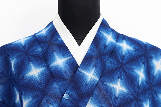 藤井絞 浴衣(ゆかた) 綿麻 紅梅 雪花絞り 青