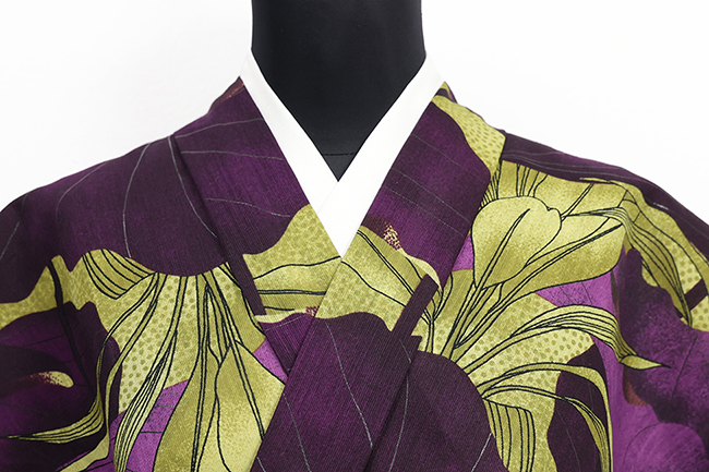 誉田屋源兵衛 浴衣(ゆかた) 綿麻 蓮華抄 紫×黄緑 ◆男女兼用◆