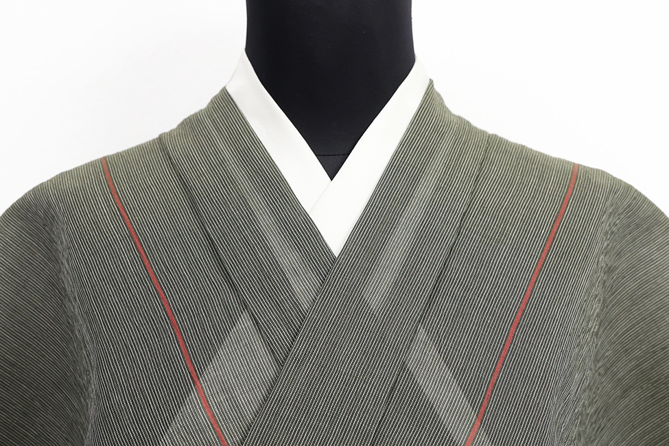 本麻 夏着物 小千谷ちぢみ 楊柳 広幅 縞 カーキ×赤