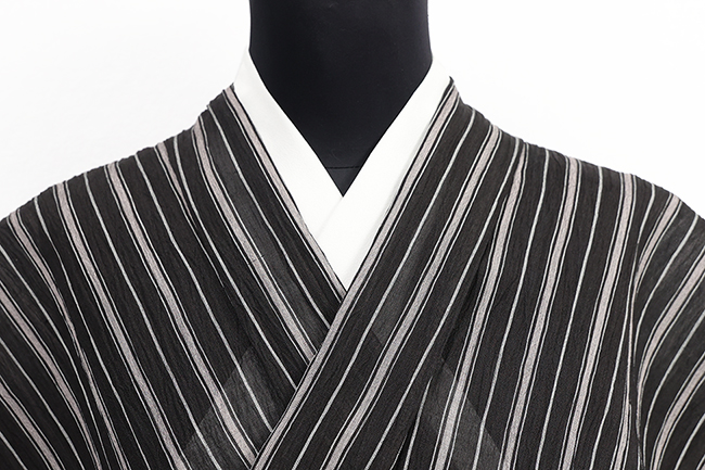 本麻 夏着物 小千谷ちぢみ 楊柳 広幅 縞 黒×薄ピンク