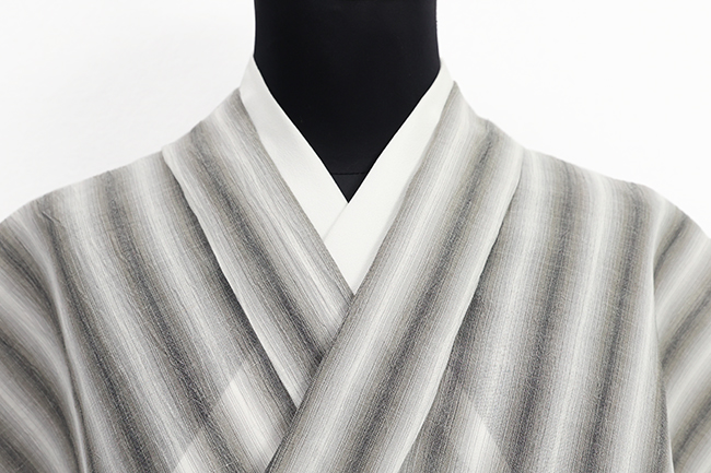 小千谷ちぢみ 本麻 夏着物 楊柳 広幅 ぼかし縞 灰色