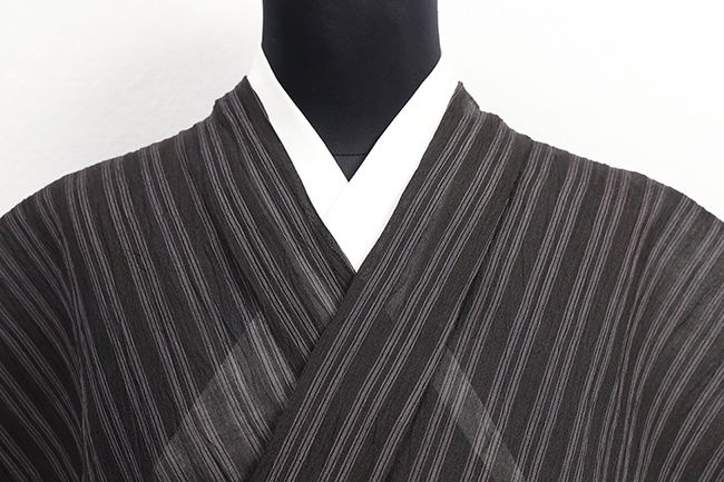 本麻 夏着物 小千谷ちぢみ 楊柳 広幅 縞 黒×濃灰色