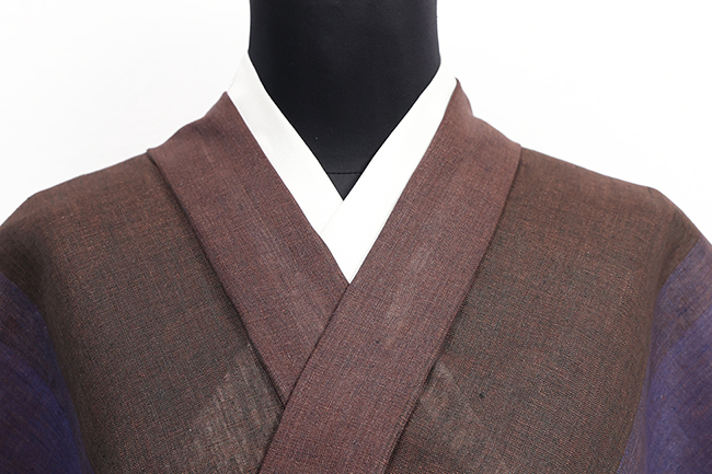 本麻 夏着物 近江 ルポワン染め 縞 焦茶×青