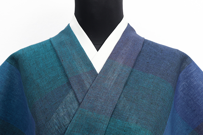 本麻 夏着物 近江 ルポワン染め チェック 青×青緑