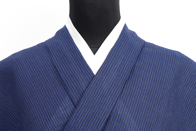 本麻 夏着物 近江ちぢみ 楊柳 縞 青