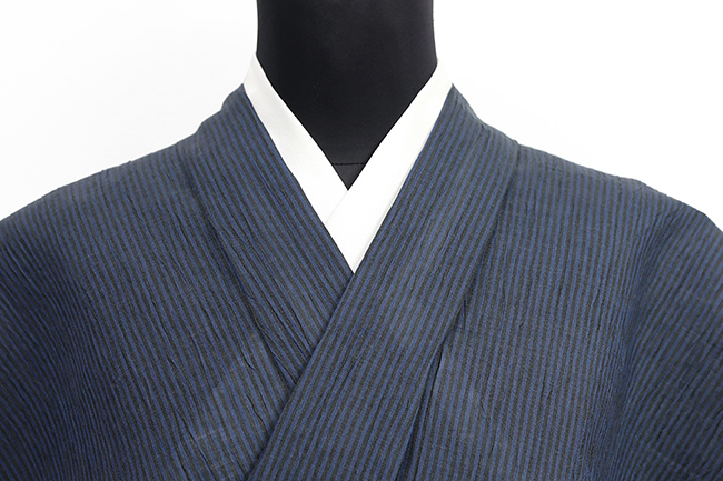 本麻 夏着物 近江ちぢみ 楊柳 縞 紺