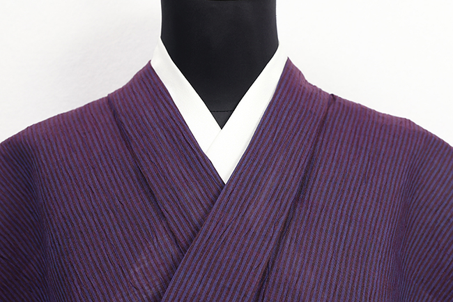 本麻 夏着物 近江ちぢみ 楊柳 縞 紫