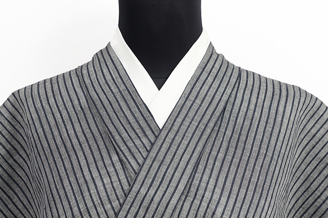 本麻 夏着物 近江ちぢみ 楊柳 縞 灰色×濃紺
